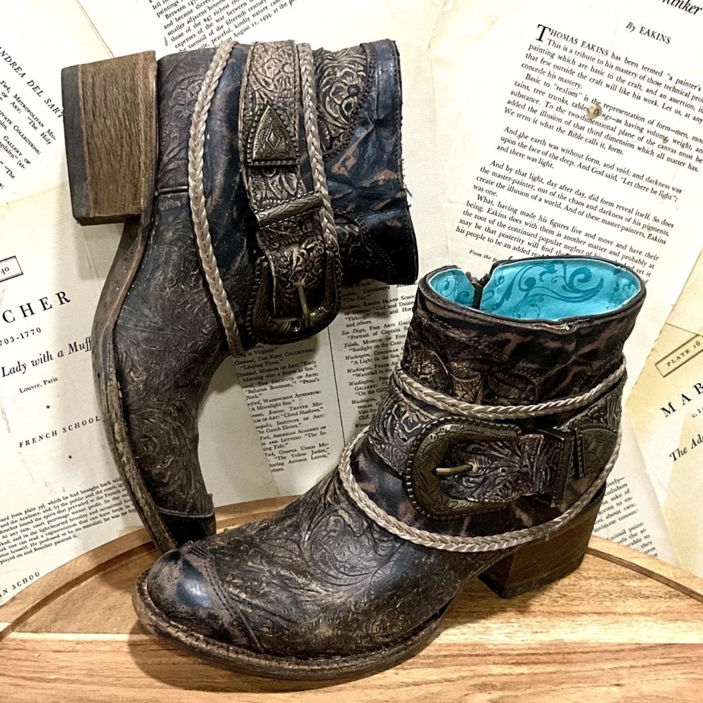 Corral Floral Emboss Short Boot Brown Ankle Buckle Zip Brown